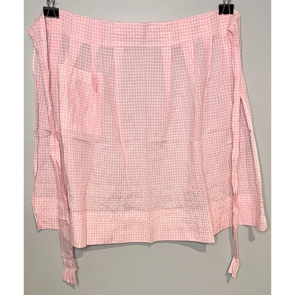 2 Pc Vintage Half Apron Hostess Semi-Sheer Pink Floral/Fruit Motiff And Gingham